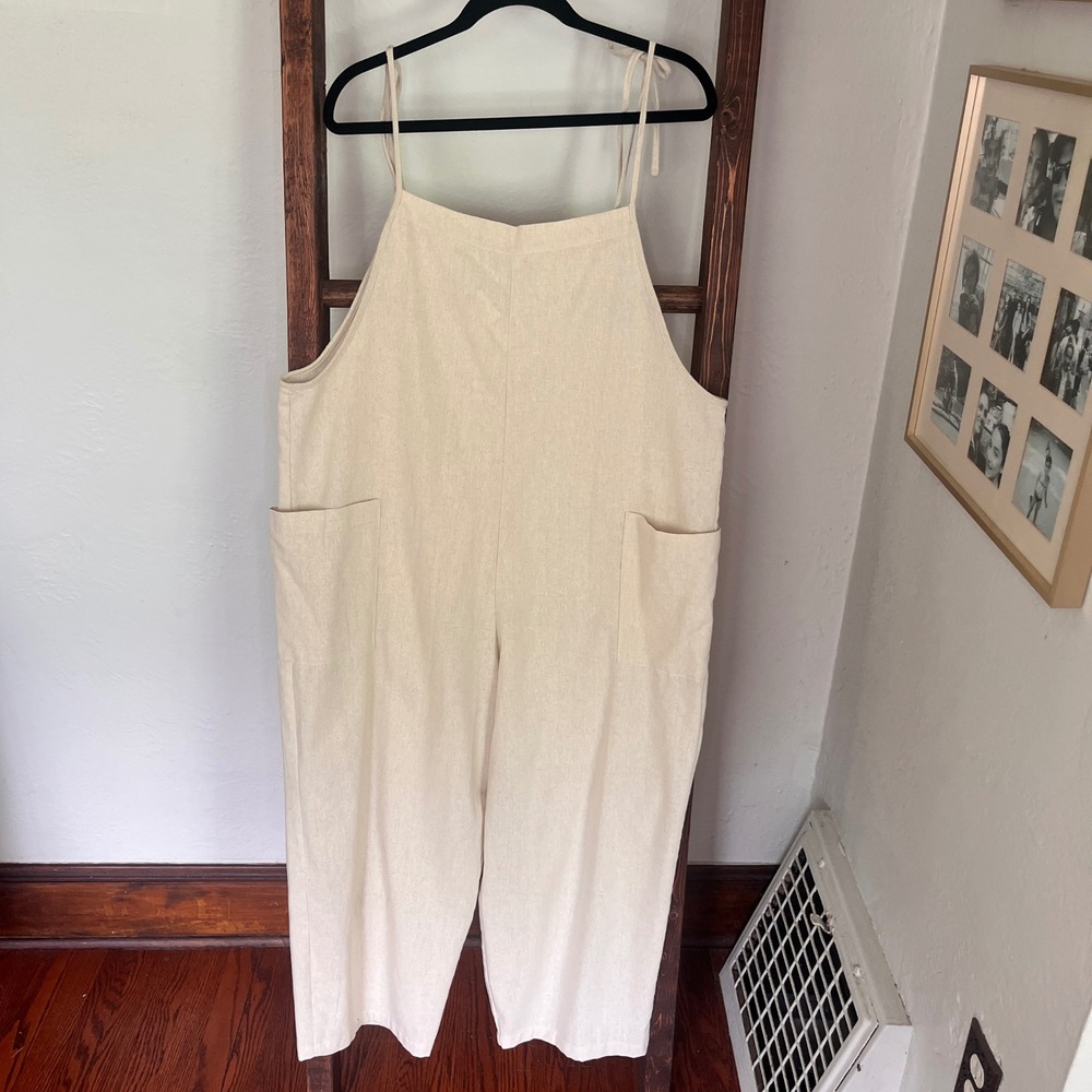 Favlux Womens Beige Cotton Blend Wide Leg Drop Crotch Jumpsuit Overalls Medium - Picture 2 of 12